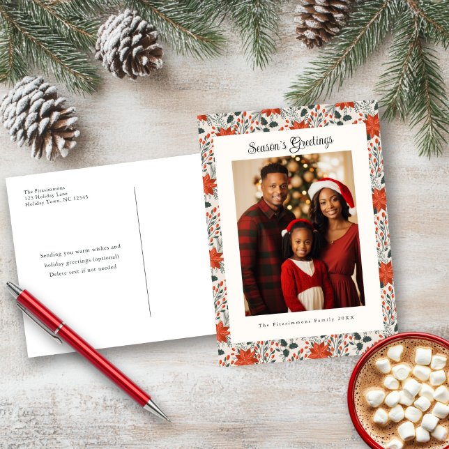 Carte postale traditionnelle Red Poinsettia (Poinsettia Season Photo Christmas Postcard white)