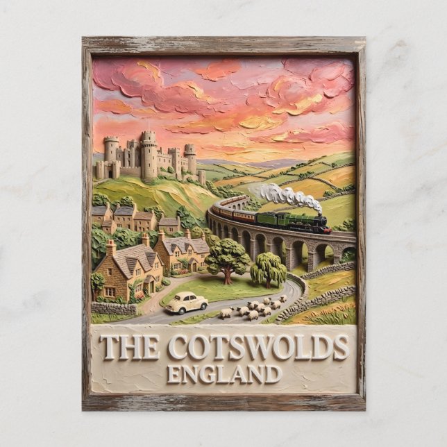 Carte Postale Train à vapeur de Cotswolds Château Campagne Angle (Devant)