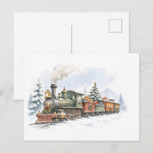Carte Postale Train à vapeur de Noël avec des cadeaux pour le tr