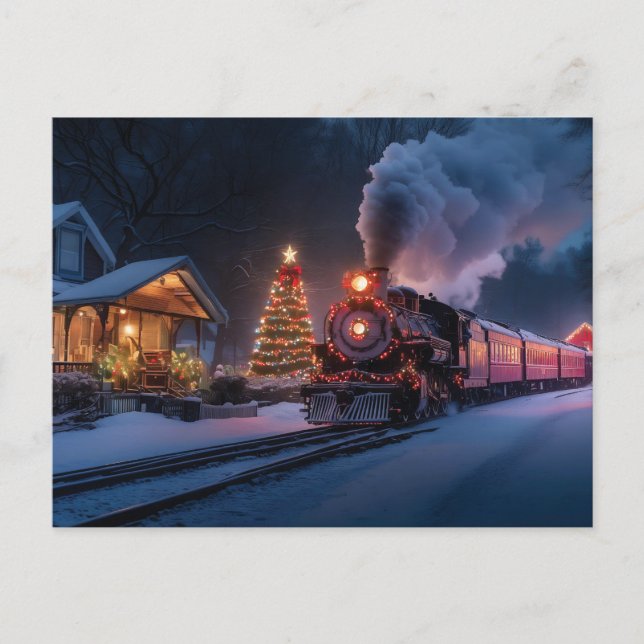 Carte Postale Train à vapeur traversant une ville de Noël (Devant)