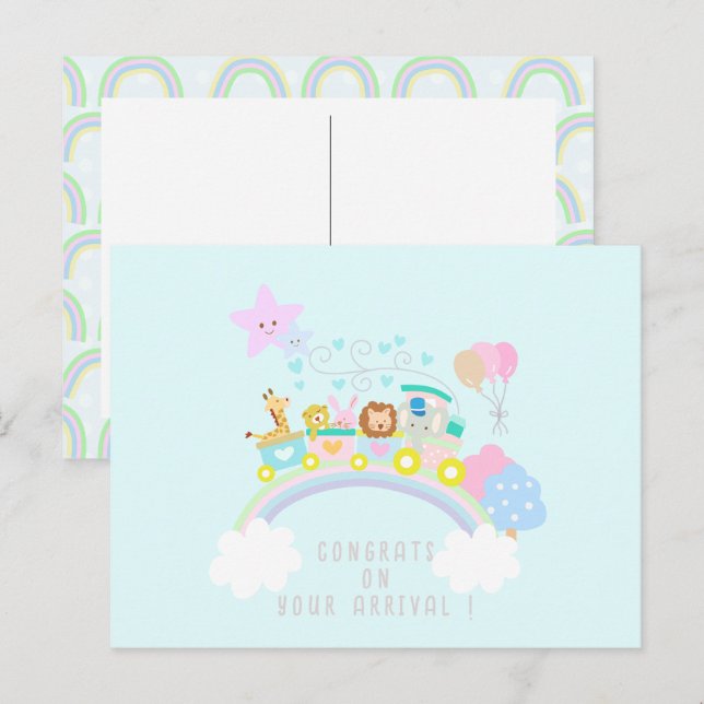 Carte Postale Train Animaux Bleus (Devant / Derrière)