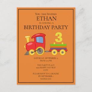Carte Postale Train Coloré pour les 3 Ans d'un Enfant Orange