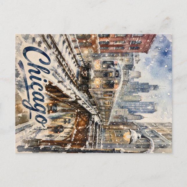 Carte Postale Train de Chicago El dans la neige d'hiver (Devant)