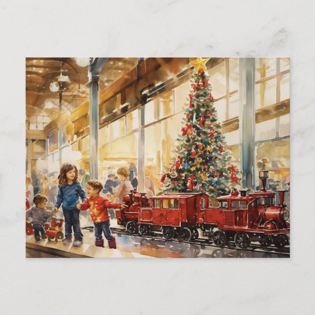 Carte Postale Train de Noël à l'aquarelle Souvenir du grand maga (Devant)