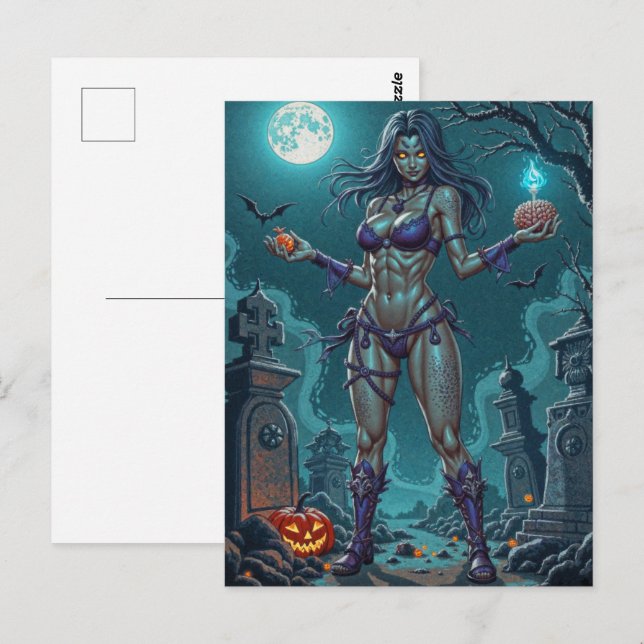 Carte Postale Traite d'Halloween ou ami Zombie w Cerveau (Devant / Derrière)