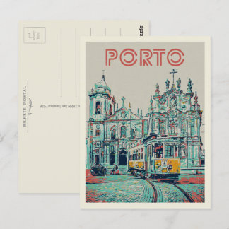 Carte Postale Tramway de Porto et illustration de l'église Portu
