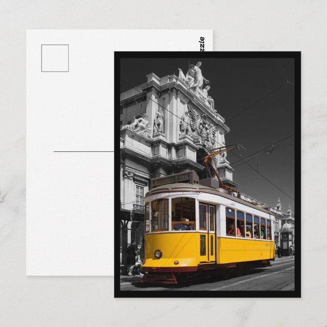 Carte Postale Tramway jaune de Lisbonne. Arche de la rue Augusta (Devant / Derrière)