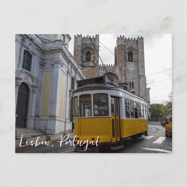 Carte Postale Tramway jaune sur la cathédrale de Lisbonne au Por (Devant)