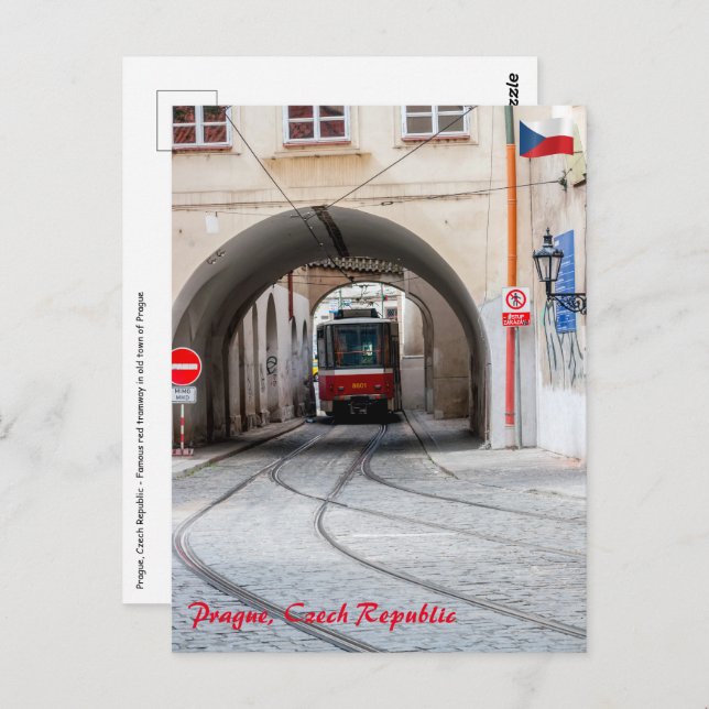 Carte Postale Tramway rouge dans la vieille ville de Prague - Ré (Devant / Derrière)