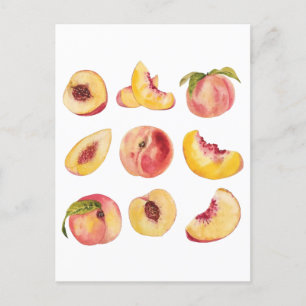 Carte Postale Tranches de pêche fraîches et colorées à l'aquarel