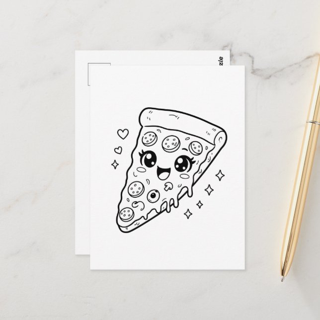 Carte Postale Tranches de pizza mignonnes kawaii à colorier (Devant/Arrière en situation)