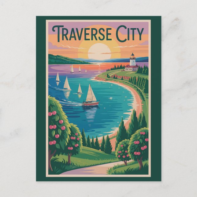 Carte Postale Traverse City Lake Michigan Illustration Voyage (Devant)
