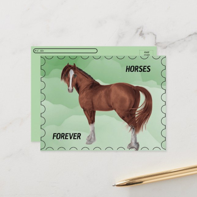 Carte Postale Traversée - Cheval Brown avec look Postage (Devant/Arrière en situation)