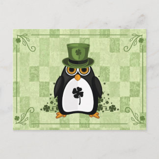 Carte Postale Trèfle à carreaux Lucky Penguin Saint-Patrick vert