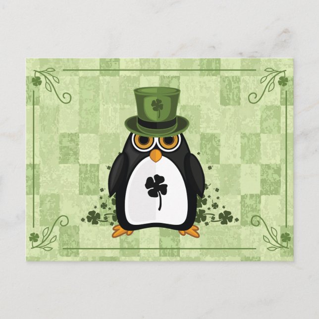 Carte Postale Trèfle à carreaux Lucky Penguin Saint-Patrick vert (Devant)