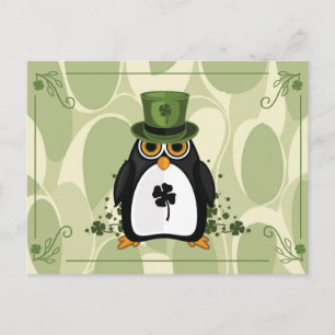 Carte Postale Trèfle abstrait Lucky Penguin Saint-Patrick vert