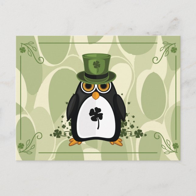 Carte Postale Trèfle abstrait Lucky Penguin Saint-Patrick vert (Devant)