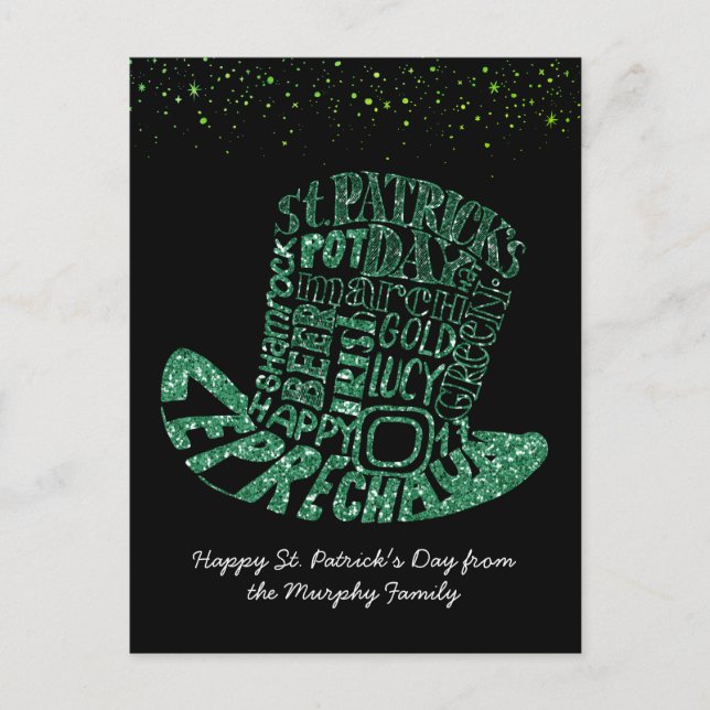 Carte Postale Trèfle Pailleté Leprechaun | Saint-Patrick (Devant)