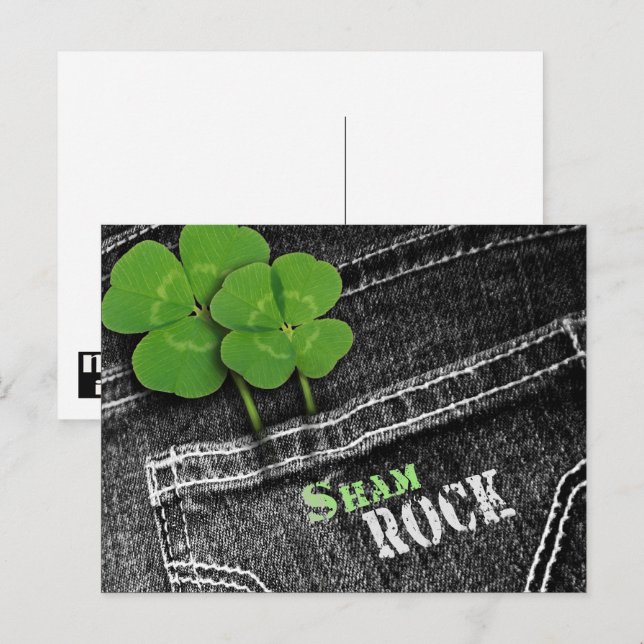 Carte Postale Trèfles dans une poche de jeans noirs St. Patrick' (Devant / Derrière)