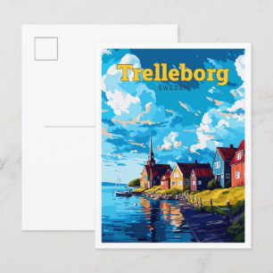 Carte Postale Trelleborg Suède Travel Art Illustration Vintage