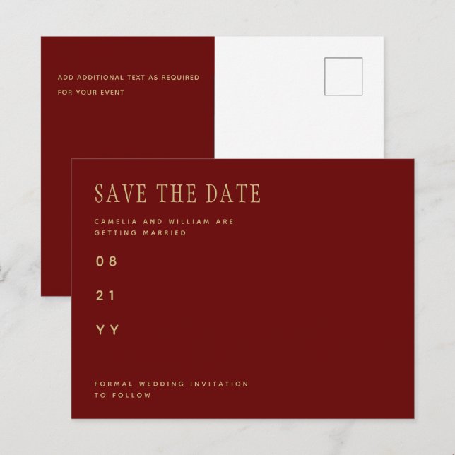 Carte Postale Trending Burgundy Gold Wedding SAVE THE DATE Postc (Devant / Derrière)