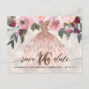 Carte Postale Trendy Floral Photo Sweet 16 Enregistrer La Date
