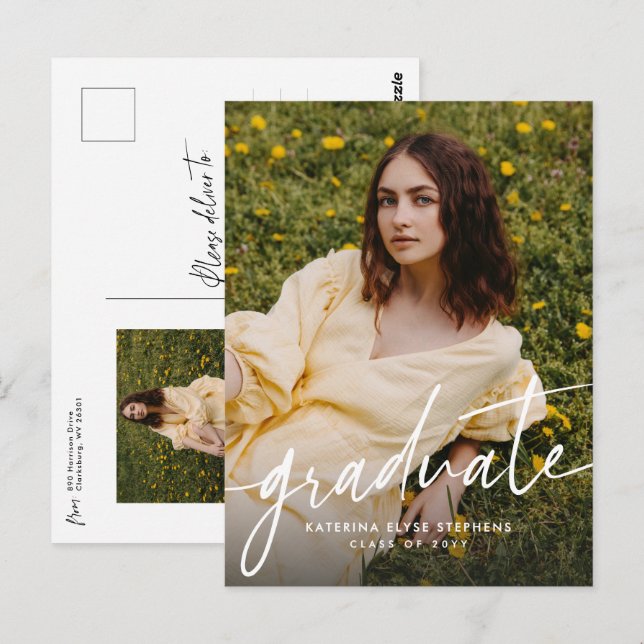 Carte Postale Trendy modern graduate simple two photo graduation (Devant / Derrière)