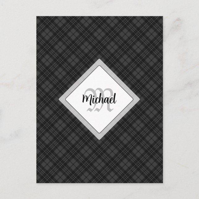 Carte Postale Trendy noir blanc tartan Personnaliser Monogramme (Devant)