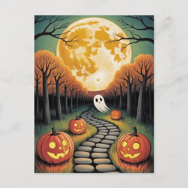 Carte Postale Trendy spooky Halloween Pumpkin Ghost Moon forest  (Devant)