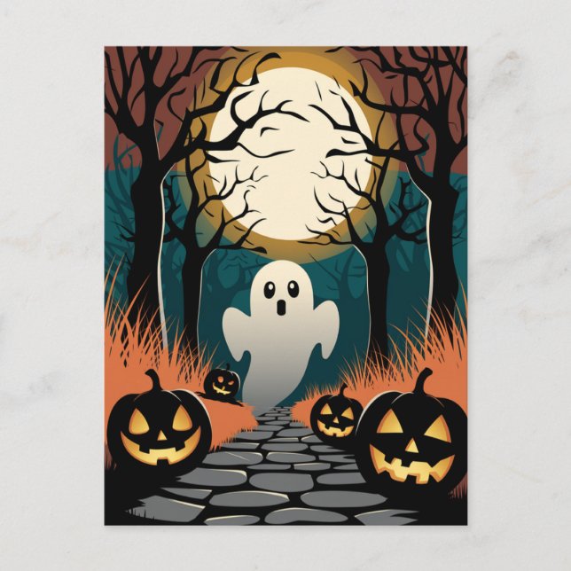 Carte Postale Trendy spooky Halloween Pumpkin Ghost Moon forest  (Devant)