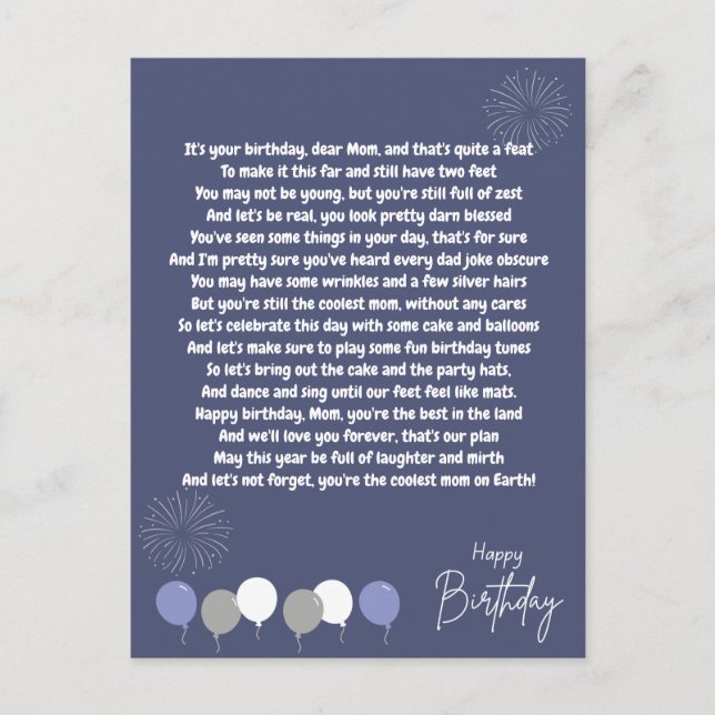 Carte Postale Très drôle poème pour l'anniversaire de maman (Devant)