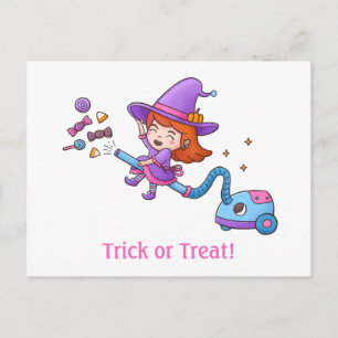 Carte Postale Trick or Treat avec Petite Sorcière sur Aspirateur
