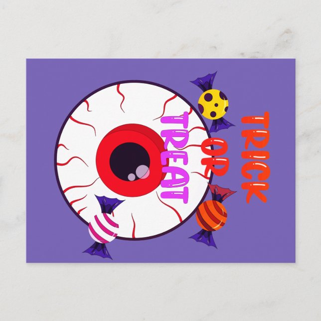Carte Postale Trick Ou Treat - Eyeball Géant Et Bonbons Hallowee (Devant)