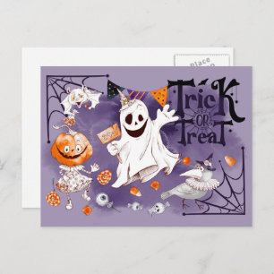 Carte Postale Trick ou Treat. Fun Ghost, fille Citrouille Hallow