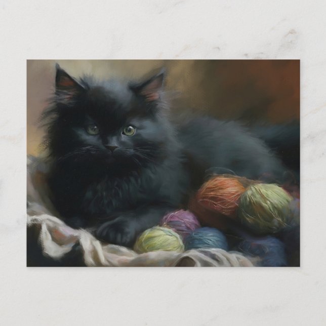 Carte Postale Tricot compagnon Kitten noir avec fils (Devant)