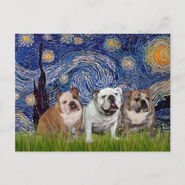 Carte Postale Trio de Bulldog anglais - Nuit étoilée (Devant)