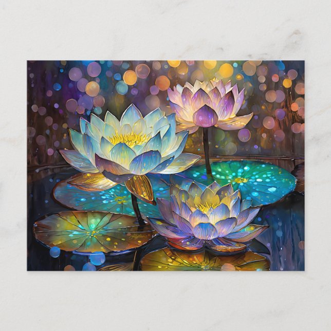 Carte Postale Trio de fleurs de lotus lumineuses (Devant)