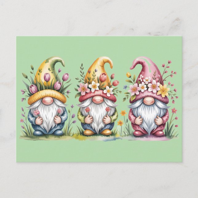Carte Postale Trio de gnomes de printemps à l'aquarelle avec cha (Devant)