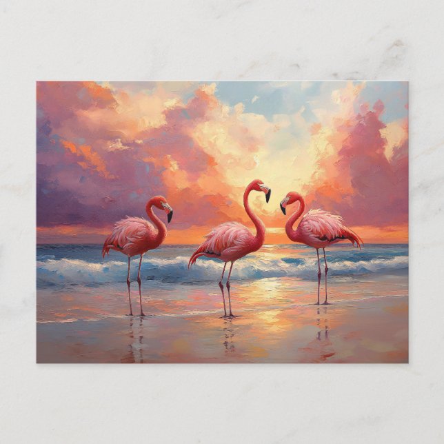 Carte Postale Trio Flamant rose sur la plage (Devant)
