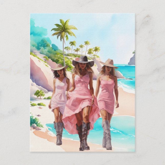 Carte Postale Trio rose cowgirl côtière sur l'île tropicale (Devant)