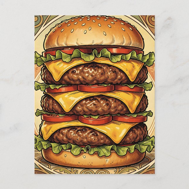 Carte Postale Triple Cheeseburger Orné (Devant)