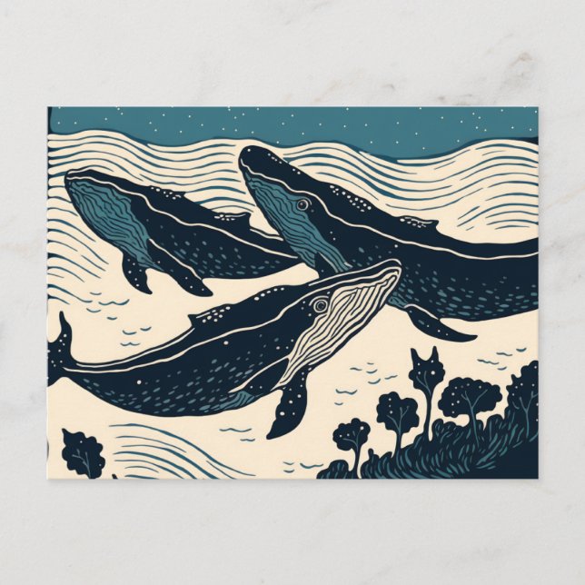 Carte Postale Trois Baleines Bleues Art Moderne Linocut Inspiré (Devant)