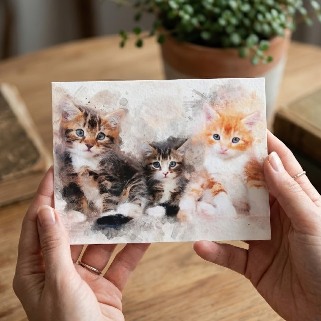 Carte Postale Trois beaux et mignons chatons aquarelle (Three beautiful and cute kittens watercolor. postcard )