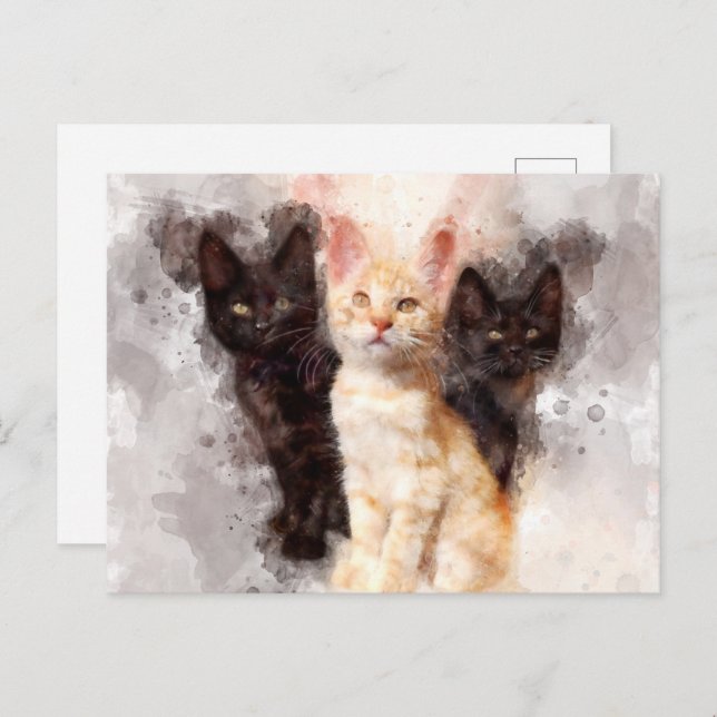 Carte Postale Trois chatons mignonnes et belle aquarelle (Devant / Derrière)