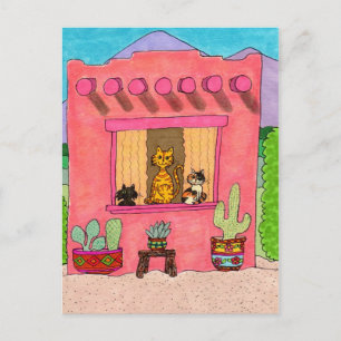 Carte Postale Trois chats dans Adobe House rose