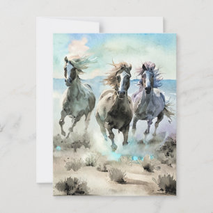 Carte Postale Trois chevaux sauvages courent à travers une prair