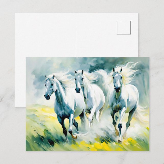 Carte Postale Trois Chevaux Traversant Le Champ De Fleur (Devant / Derrière)