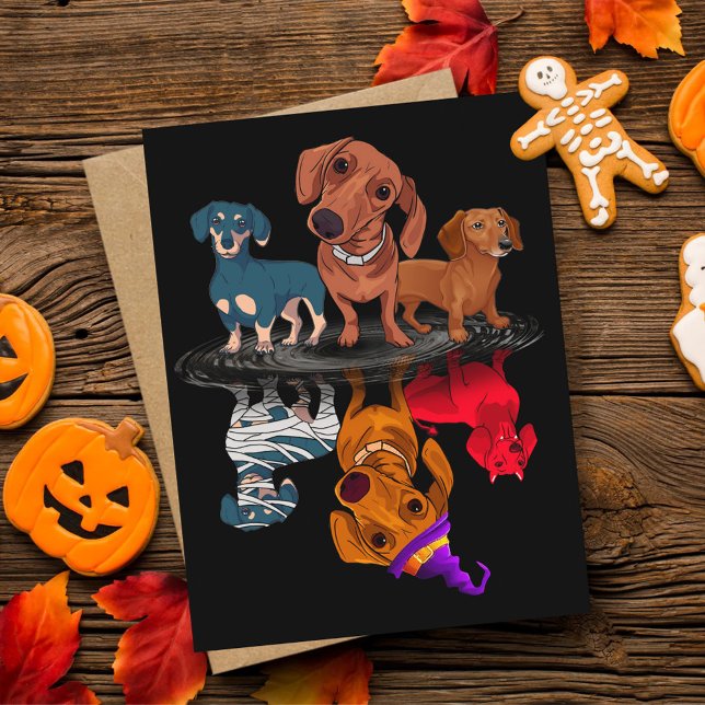 Carte Postale Trois Dachshunts Reflet Halloween Cadeaux Adultes (Créateur téléchargé)