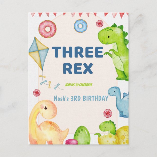 Carte Postale Trois enfants Rex Fête d'anniversaire 3 ans dinosa (Devant)