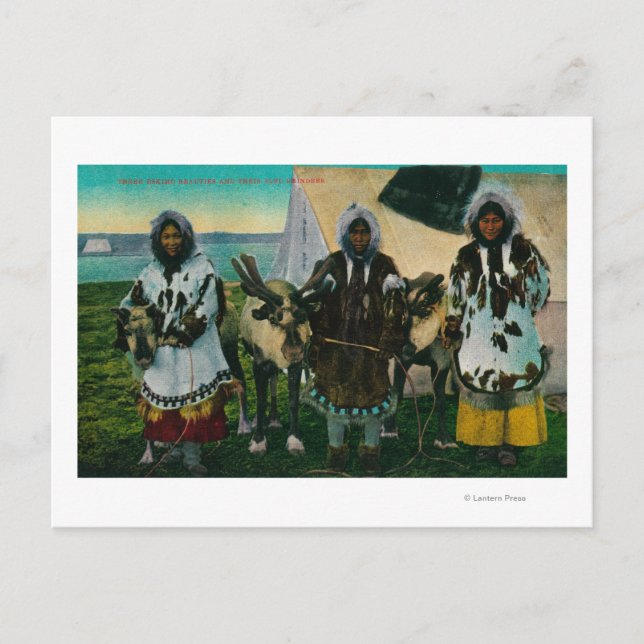Carte Postale Trois Eskimo Beautés et Sled ReindeerState (Devant)